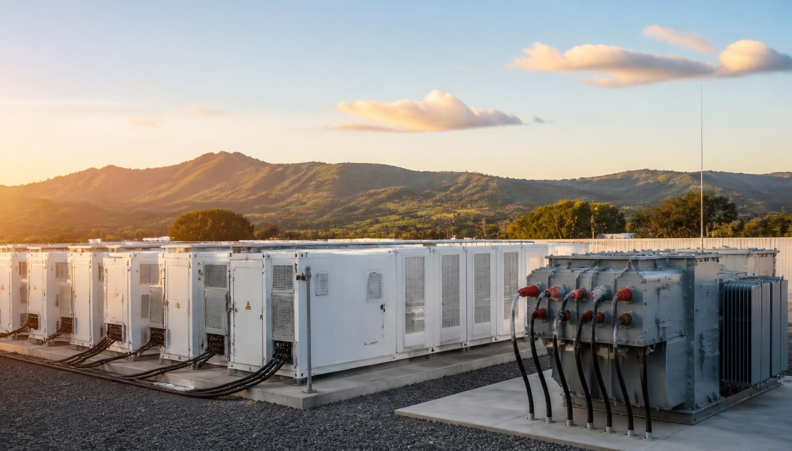 Sistema de armazenamento de energia em baterias (BESS) instalado em área industrial brasileira ao entardecer