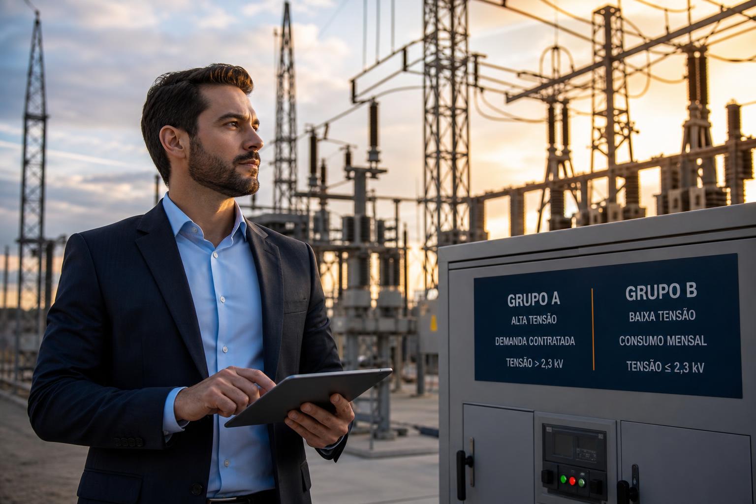Engenheiro de energia com tablet em frente a subestação elétrica industrial, representando a escolha entre Grupo A e Grupo B