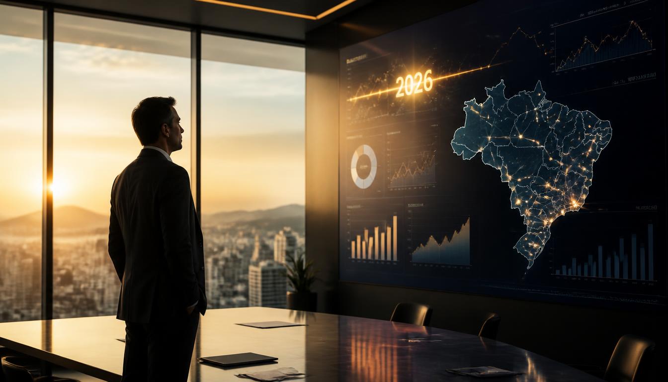 Executivo em sala corporativa analisando painel digital com mapa do Brasil, gráficos de energia e linha do tempo 2026