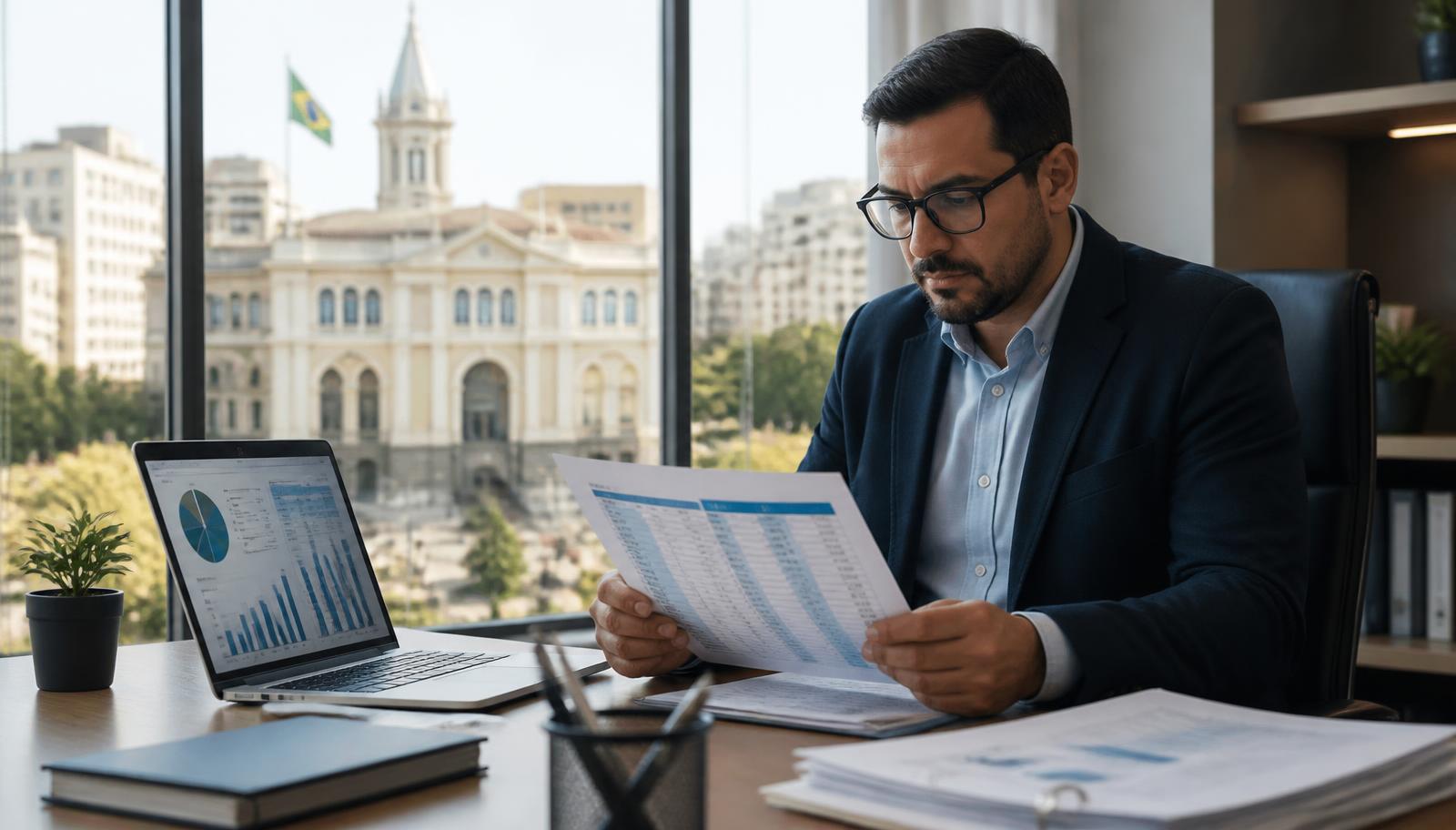 Gestor público analisando planilha orçamentária em gabinete municipal com prédio da prefeitura ao fundo